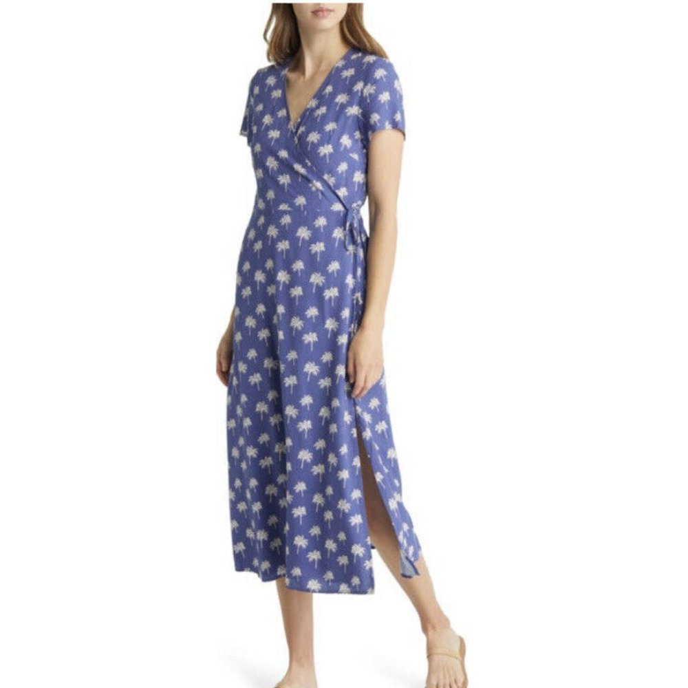 Marine Layer Emlyn Midi Wrap blue Dress Palm Print